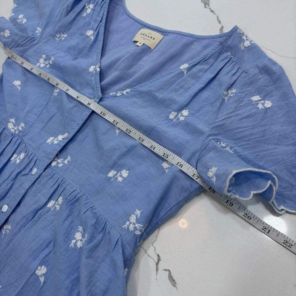Sezane Dress Size Small (36) Blue Mini Floral Dainty Button Front Short Sleeve - Picture 5 of 7
